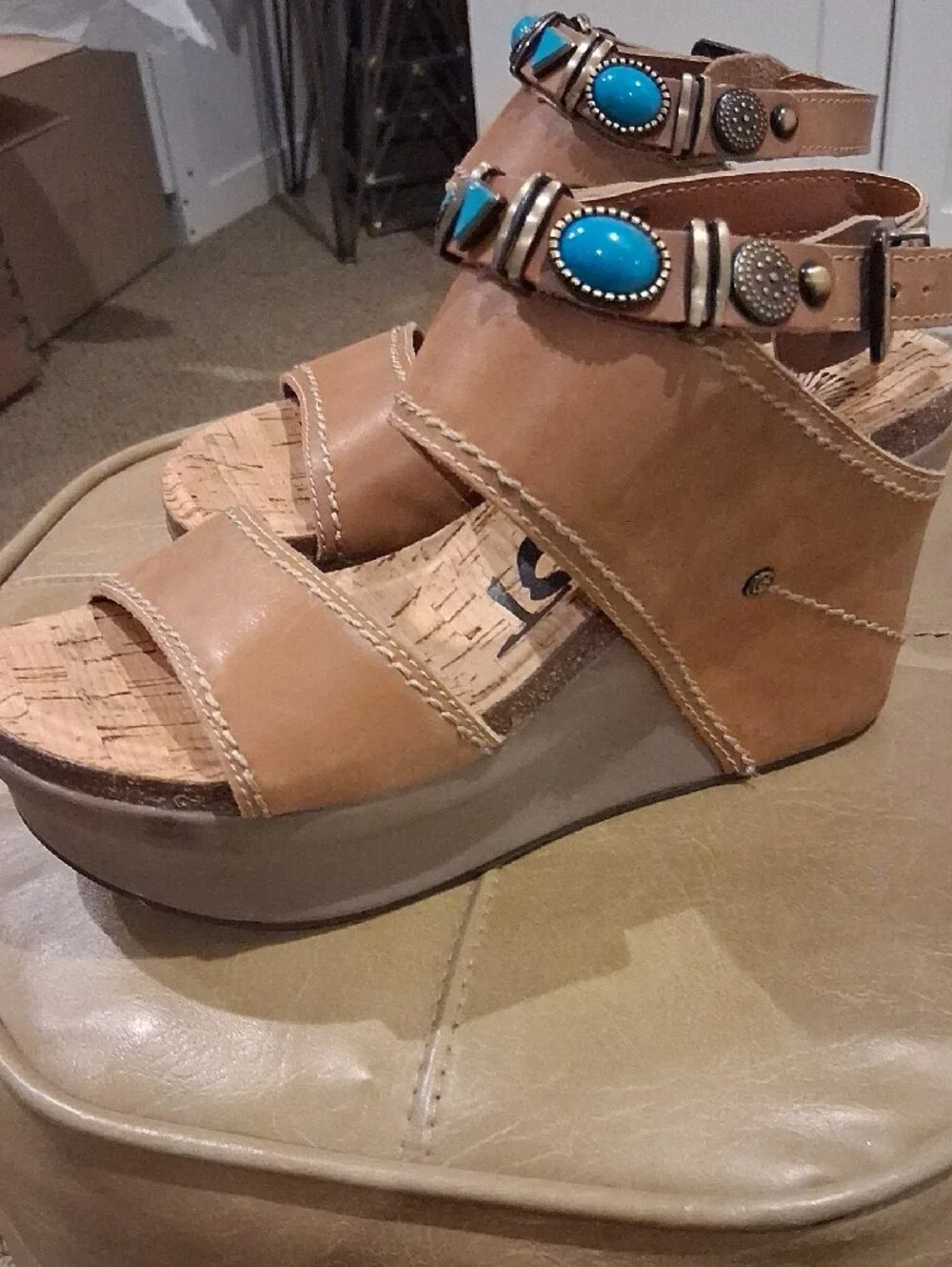 OTBT Wedge Sandals with Turquoise Accents - Tan